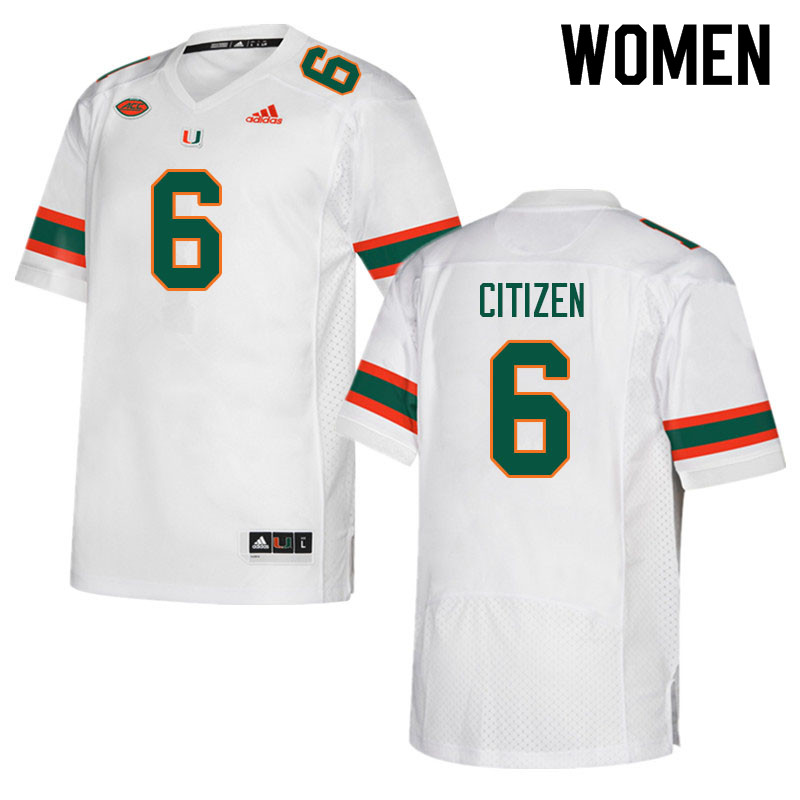Women #6 TreVonte Citizen Miami Hurricanes College Football Jerseys Sale-White - Click Image to Close